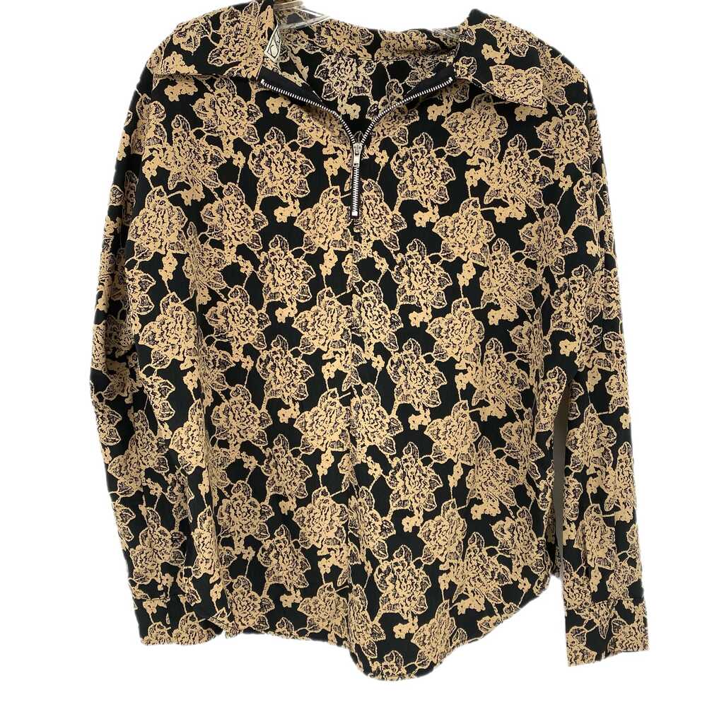 Chloe K Black Tan Floral Blouse V-Neck Long Sleeve Zip | Womens S